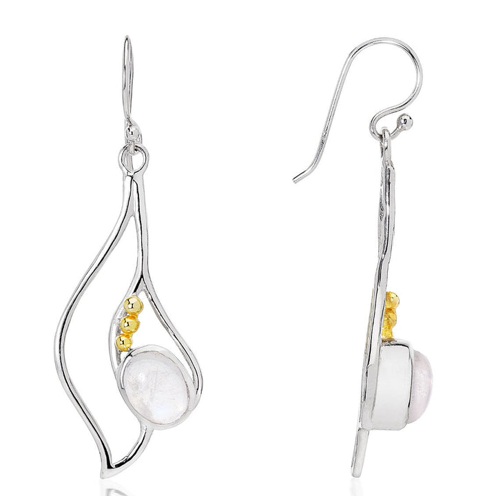 The Iris Earrings in various gemstones from Gallardo & Blaine Designs are a stunning pair of silver drop earrings with an elegant wavy design, featuring a round, translucent gemstone at the center and three small gold beads adjacent to the stone. These exquisite gemstone earrings have a hook fastening. The image shows both a front and side view of the earrings.