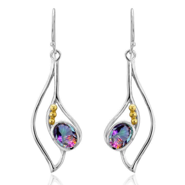 Introducing the Iris Earrings in various gemstones by Gallardo & Blaine Designs: a pair of elegant gemstone earrings featuring a silver twisted design. Each earring boasts a shimmering iridescent gemstone at the center, with a trio of gold beads arranged above. These silver & gold beauties hang gracefully from simple hooks.