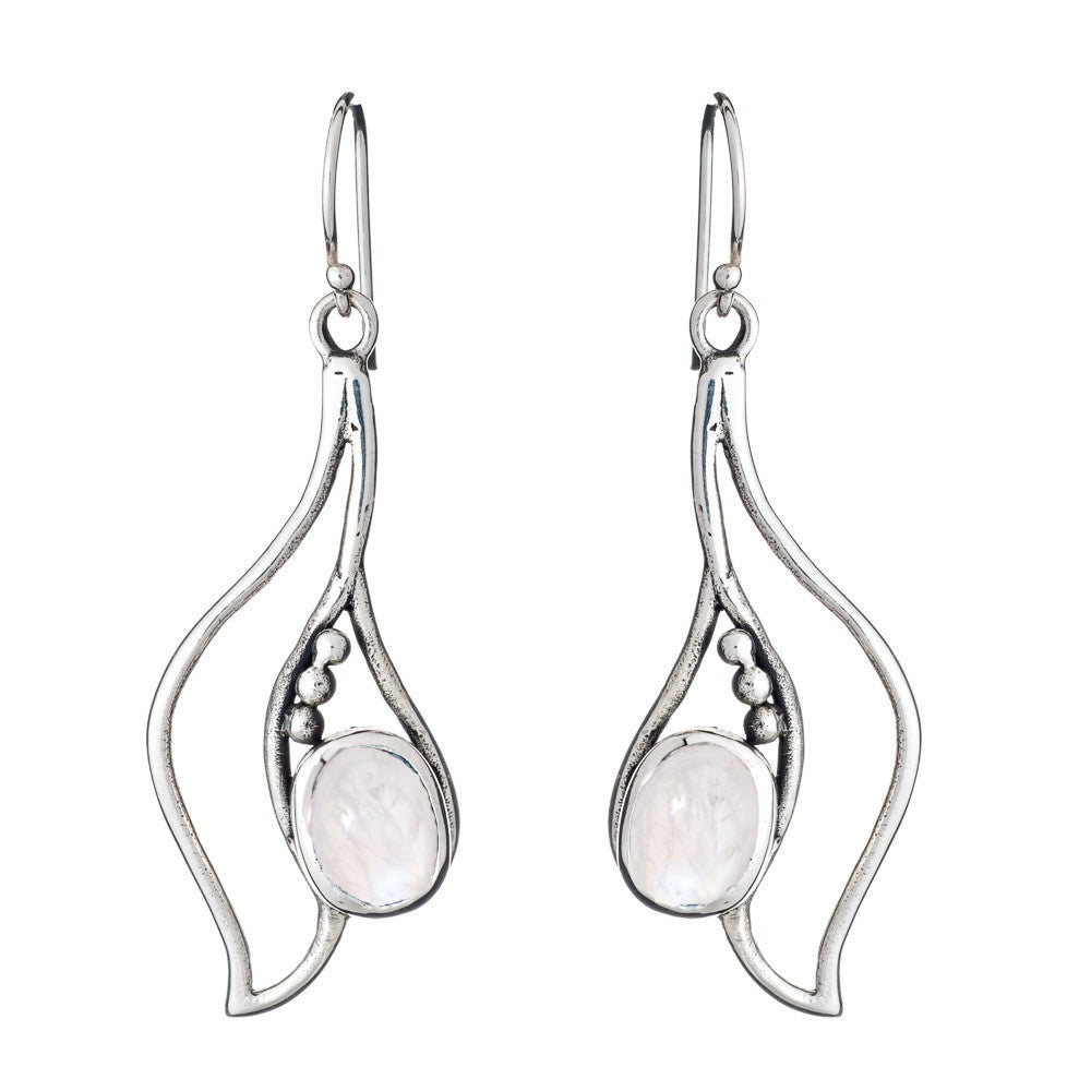 Introducing the Iris Earrings in various gemstones by Gallardo & Blaine Designs: a stunning pair of silver earrings with an abstract, wave-like design. Each earring features a single oval, translucent gemstone set in the lower part, accompanied by small silver & gold bead accents. The earrings have simple hooks for easy wearing.