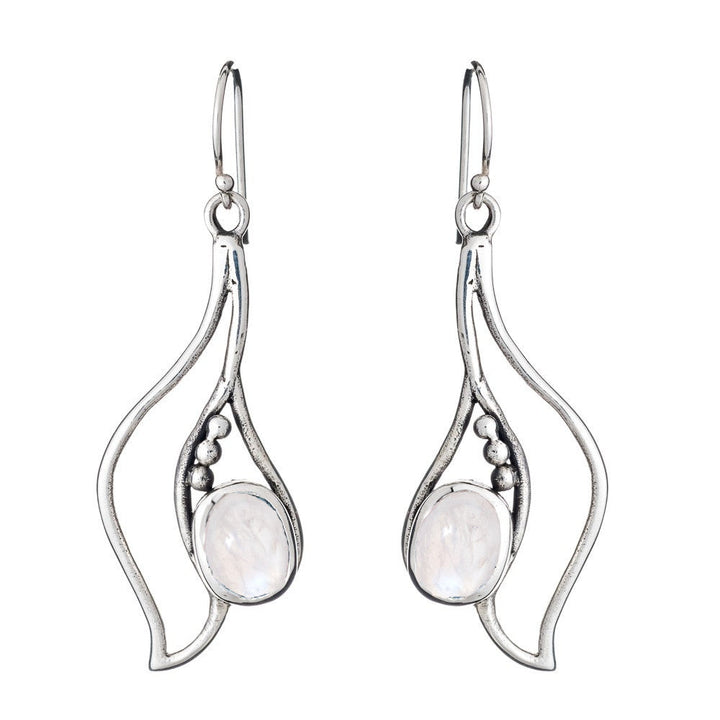 Introducing the Iris Earrings in various gemstones by Gallardo & Blaine Designs: a stunning pair of silver earrings with an abstract, wave-like design. Each earring features a single oval, translucent gemstone set in the lower part, accompanied by small silver & gold bead accents. The earrings have simple hooks for easy wearing.