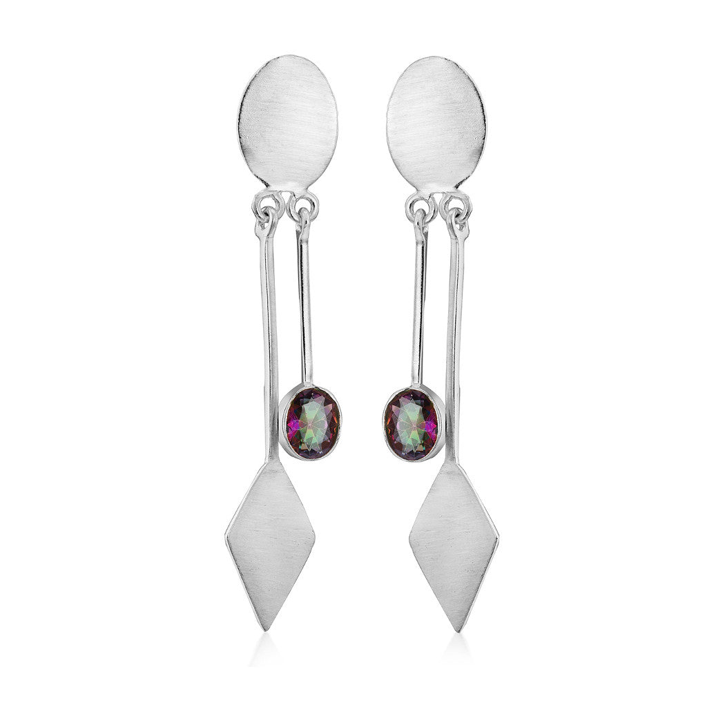 A pair of Karo Earrings in various gemstones by Gallardo & Blaine Designs featuring an oval stud top connected to a multicolored gemstone and a diamond-shaped pendant at the bottom. The design is sleek and geometric, perfect for modern fashion jewelry enthusiasts.