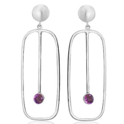 Introducing the Lorelei Earrings Large in various gemstones by Gallardo & Blaine Designs: a pair of silver drop earrings featuring elongated rectangular outlines. Each earring boasts a vertical bar extending down the center, ending with a small purple gemstone at the bottom. The top of these stunning earrings is adorned with a round silver stud.