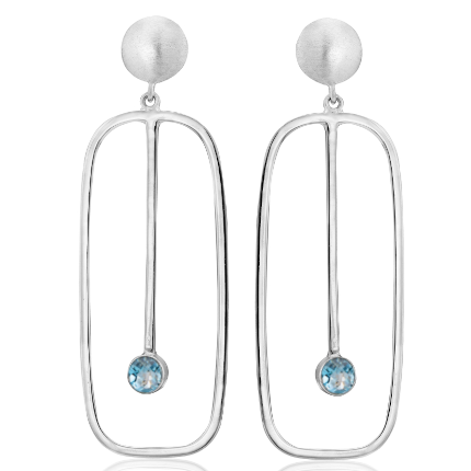 Introducing the Lorelei Earrings Large in various gemstones by Gallardo & Blaine Designs: a pair of silver drop earrings featuring elongated rectangular frames. Each earring has a thin vertical bar inside the frame, ending with a small round blue gemstone at the bottom. The elegant design is completed with circular studs.