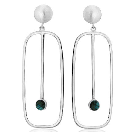 Introducing the Lorelei Earrings Large in various gemstones by Gallardo & Blaine Designs: a pair of modern geometric earrings featuring an elongated silver oval shape with a vertical bar inside. Each bar is adorned with a small round turquoise gemstone at the bottom. The earrings have a round stud at the top for attaching to the earlobe.