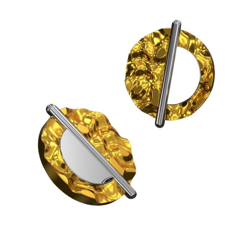 Two abstract, gold-toned, wavy circular shapes are intersected by sleek, cylindrical silver bars. The design exudes French elegance with an Art Deco flair, emphasizing contrasting textures and colors. The arrangement suggests a pair but not a clear function, reminiscent of Gallardo & Blaine Designs' signature style.