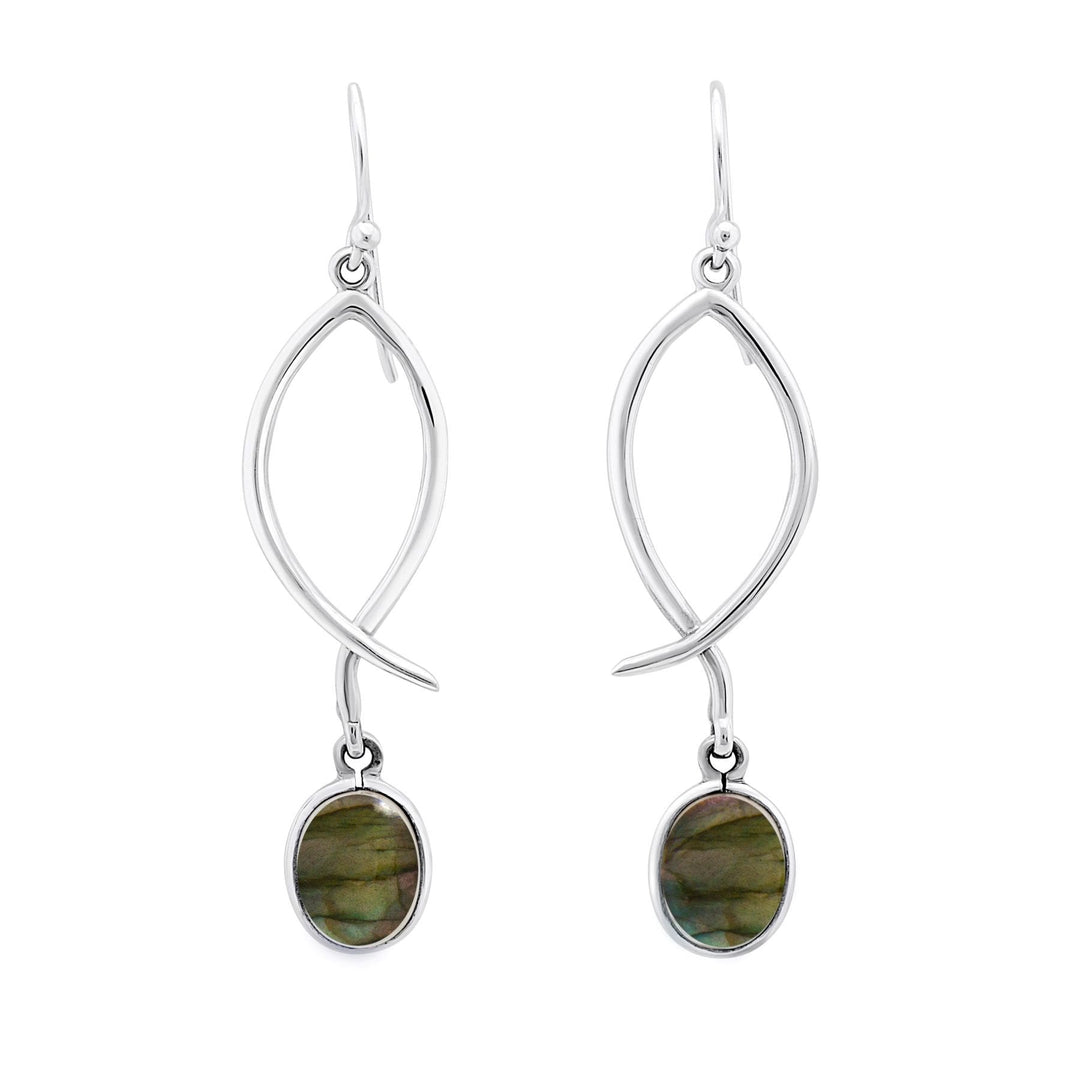 A pair of Lupin Earrings in various gemstones, silver fish-shaped dangling earrings featuring oval, iridescent green gemstones at the bottom. The earrings have a sleek and elegant design, showcasing a modern and sophisticated style. These versatile earrings from Gallardo & Blaine Designs exhibit green hues with subtle color changes.