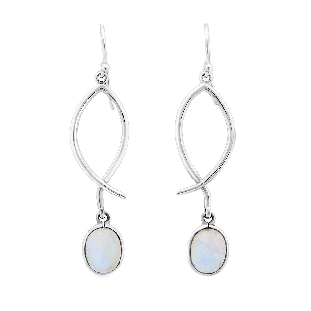 Introducing the versatile Lupin Earrings in various gemstones by Gallardo & Blaine Designs: a pair of silver drop earrings with an elegant, curved design. Each earring features a dangling oval-shaped moonstone at the end, exuding a soft, iridescent glow. The polished finish adds a touch of sophistication to these timeless pieces.