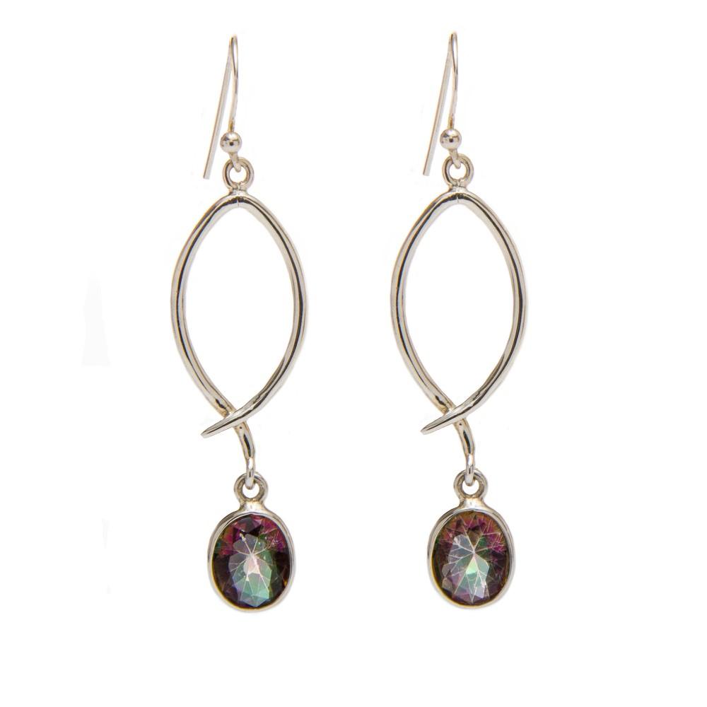 A pair of elegant drop **Lupin Earrings in various gemstones** from **Gallardo & Blaine Designs**, featuring gold-tone metal in an elongated teardrop shape with a twisted design. At the bottom of each earring, a multicolored, faceted gemstone-like bead is suspended, adding a touch of sparkle.