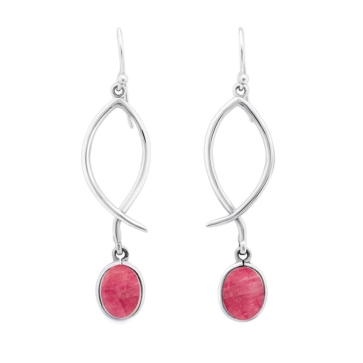 A pair of Lupin Earrings in various gemstones by Gallardo & Blaine Designs featuring an elegant abstract swirl design. Each versatile earring dangles a small, oval-shaped pink gemstone at the bottom, adding a pop of color to the sleek silver metal.