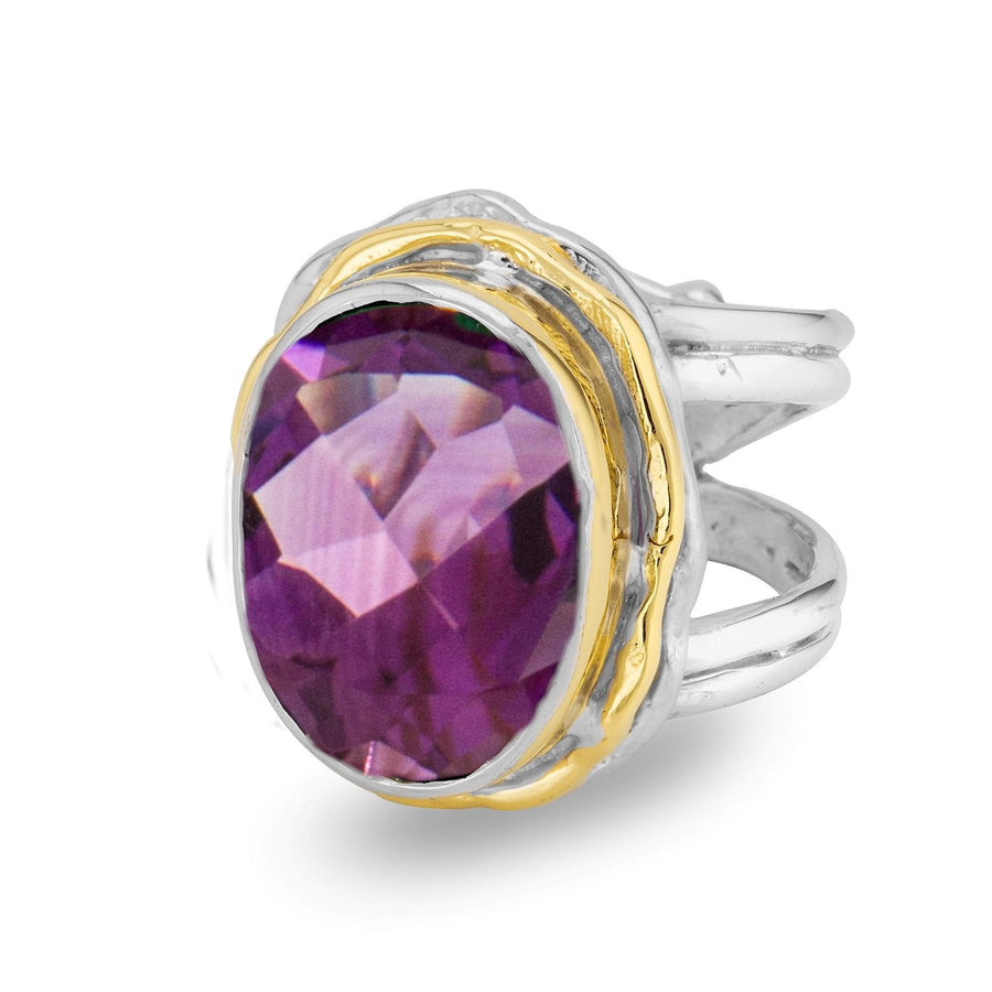 Introducing the Magnolia Ring in silver gold & various gemstones by Gallardo & Blaine Designs, a stunning statement piece crafted in sterling silver. This exquisite ring features a large, faceted purple gemstone set in a gold bezel. The band boasts a slightly wavy design, adding to its intricate detailing and timeless elegance.