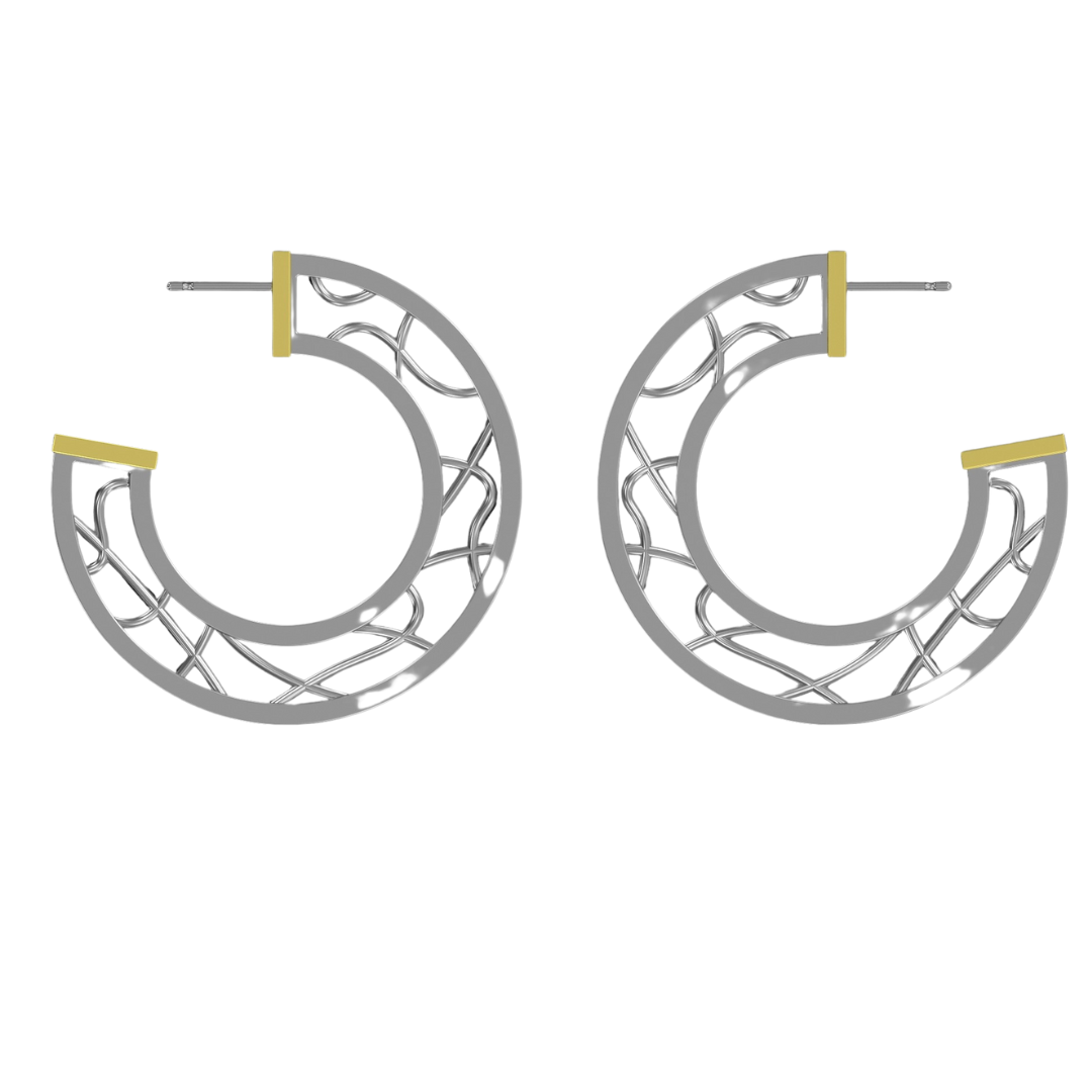 Introducing the Maya Earrings by Gallardo & Blaine Designs: a pair of round earrings with an open geometric design. Each earring is crafted from sterling silver with delicate mesh-like patterns and features gold vermeil accents at the top and bottom. The earrings have post backings.