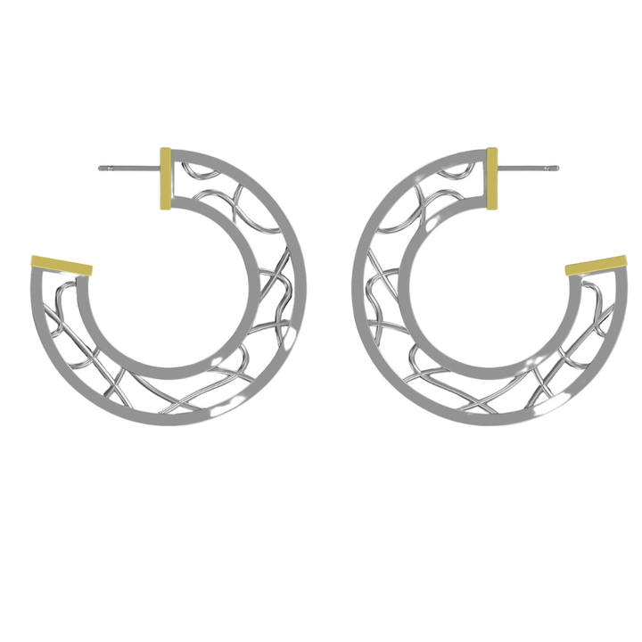 Introducing the Maya Earrings by Gallardo & Blaine Designs: a pair of round earrings with an open geometric design. Each earring is crafted from sterling silver with delicate mesh-like patterns and features gold vermeil accents at the top and bottom. The earrings have post backings.