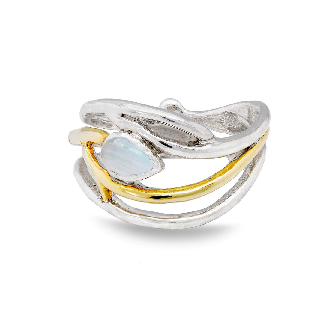 A silver ring with an intricate, wavy design features a small opal stone. The adjustable in silver & gold bands create an elegant, flowing appearance reminiscent of a Peacock Ring in various gemstones. The opal is set in the center, adding a subtle yet captivating touch to this dainty piece by Gallardo & Blaine Designs.