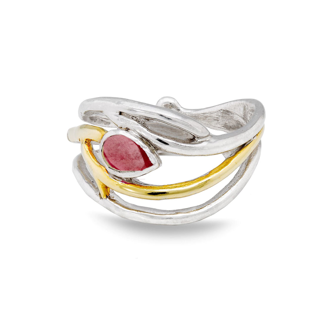 A Gallardo & Blaine Designs Peacock Ring in various gemstones featuring a modern, wave-like design with a small, teardrop-shaped red stone set in the center and an elegant dainty yellow accent running through part of the band.