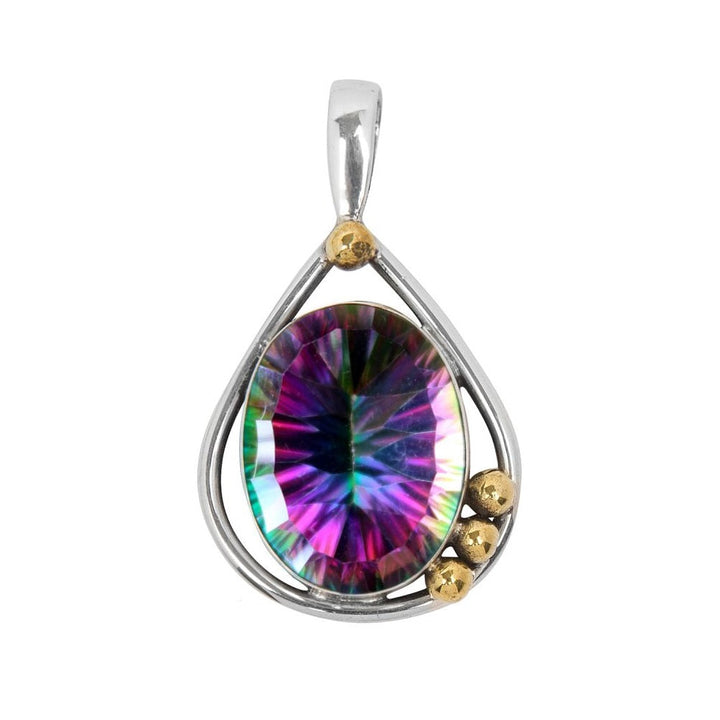 The Poppy Pendant Small in various gemstones by Gallardo & Blaine Designs is a teardrop-shaped piece featuring a large, oval iridescent gemstone in the center. The gemstone displays shades of purple, green, and blue. Its sterling silver setting is adorned with three small gold beads on the right side.