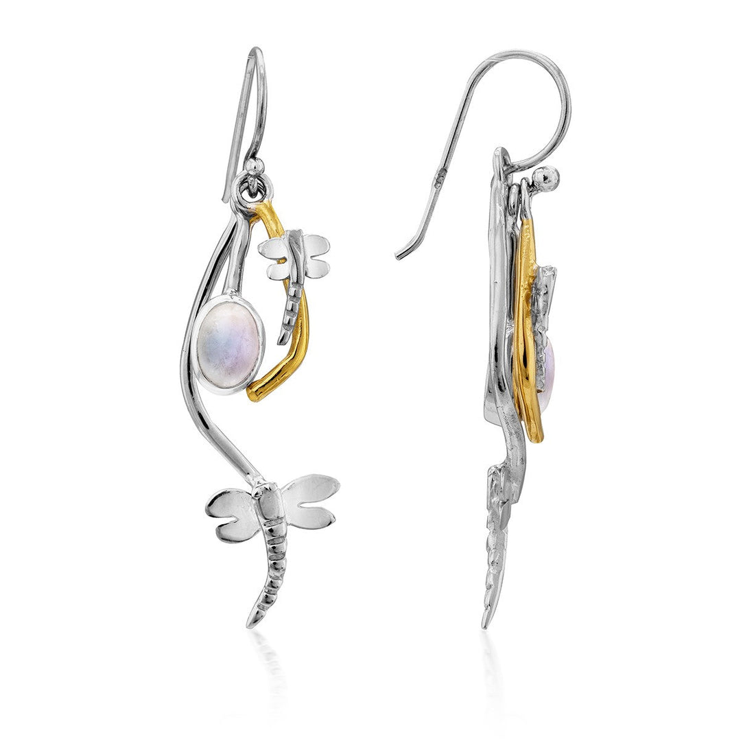 A pair of delicate Ripple Earrings in various gemstones by Gallardo & Blaine Designs with an intricate dragonfly design. Each earring showcases a dragonfly and an oval-shaped, gold plate gemstone, held together by silver-toned metal accents. These elegant silver dangle earrings have hooks for fastening.