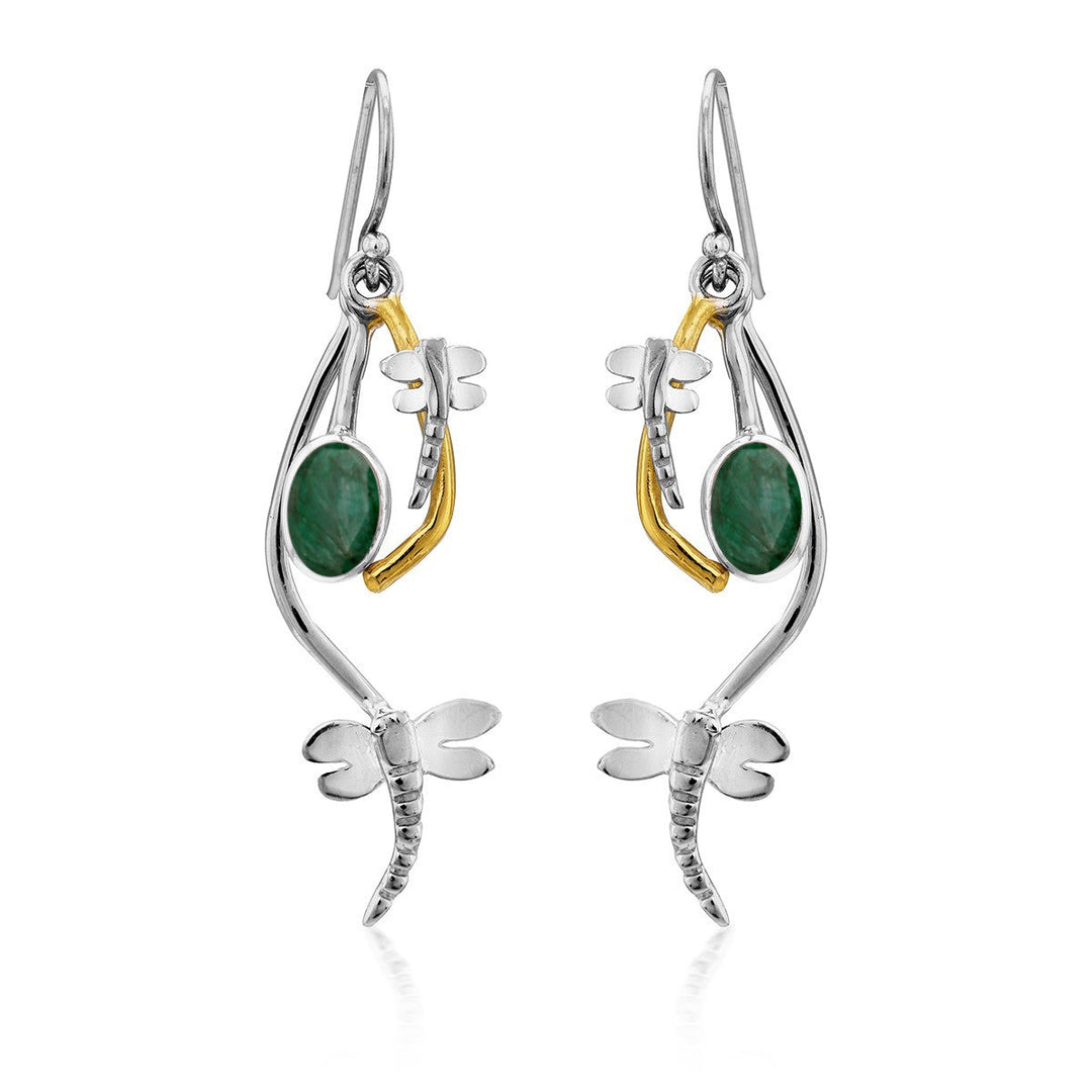 A pair of Ripple Earrings in various gemstones designed to resemble dragonflies by Gallardo & Blaine Designs. Featuring delicate curves, green stone accents, and a touch of gold plate detailing, the dragonfly wings are meticulously detailed. These whimsical and nature-inspired earrings hang elegantly, showcasing their charm.