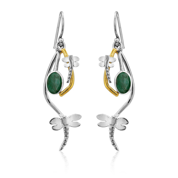 A pair of Ripple Earrings in various gemstones designed to resemble dragonflies by Gallardo & Blaine Designs. Featuring delicate curves, green stone accents, and a touch of gold plate detailing, the dragonfly wings are meticulously detailed. These whimsical and nature-inspired earrings hang elegantly, showcasing their charm.