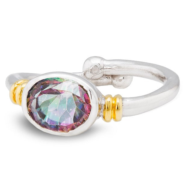 A silver adjustable Senna Ring in various gemstones by Gallardo & Blaine Designs with a large, oval, multicolored gemstone set in the center, flanked by two small gold accents on either side. The gemstone displays hues of green, purple, and pink, and the band has a polished finish. This Art Nouveau ring exudes timeless elegance.