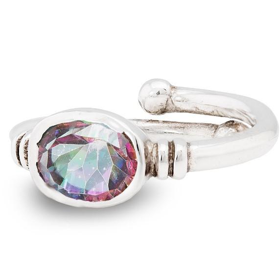 A Senna Ring in various gemstones by Gallardo & Blaine Designs features a large oval-shaped, faceted stone that exhibits a multicolored, iridescent finish, reflecting hues of purple, green, and blue.