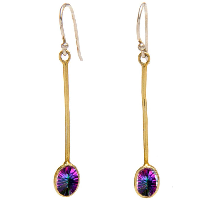 The Sequola Earrings in various gemstones from Gallardo & Blaine Designs are a stunning pair of gold drop earrings featuring long, thin stems adorned with colorful, iridescent gemstones at the end. These gemstone dangle earrings display a spectrum of purple, blue, and green hues and resemble small spoons. They have simple hook closures for easy wear.