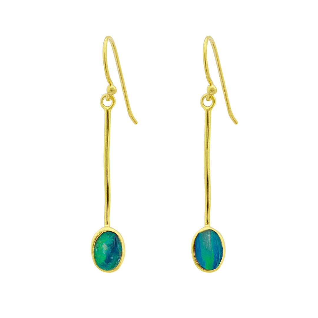 The Sequola Earrings in various gemstones by Gallardo & Blaine Designs feature sterling silver elongated, curved hooks leading to long, straight bars ending with oval-shaped blue-green opal stones set in gold. These gemstone dangle earrings boast a minimalist and elegant design.