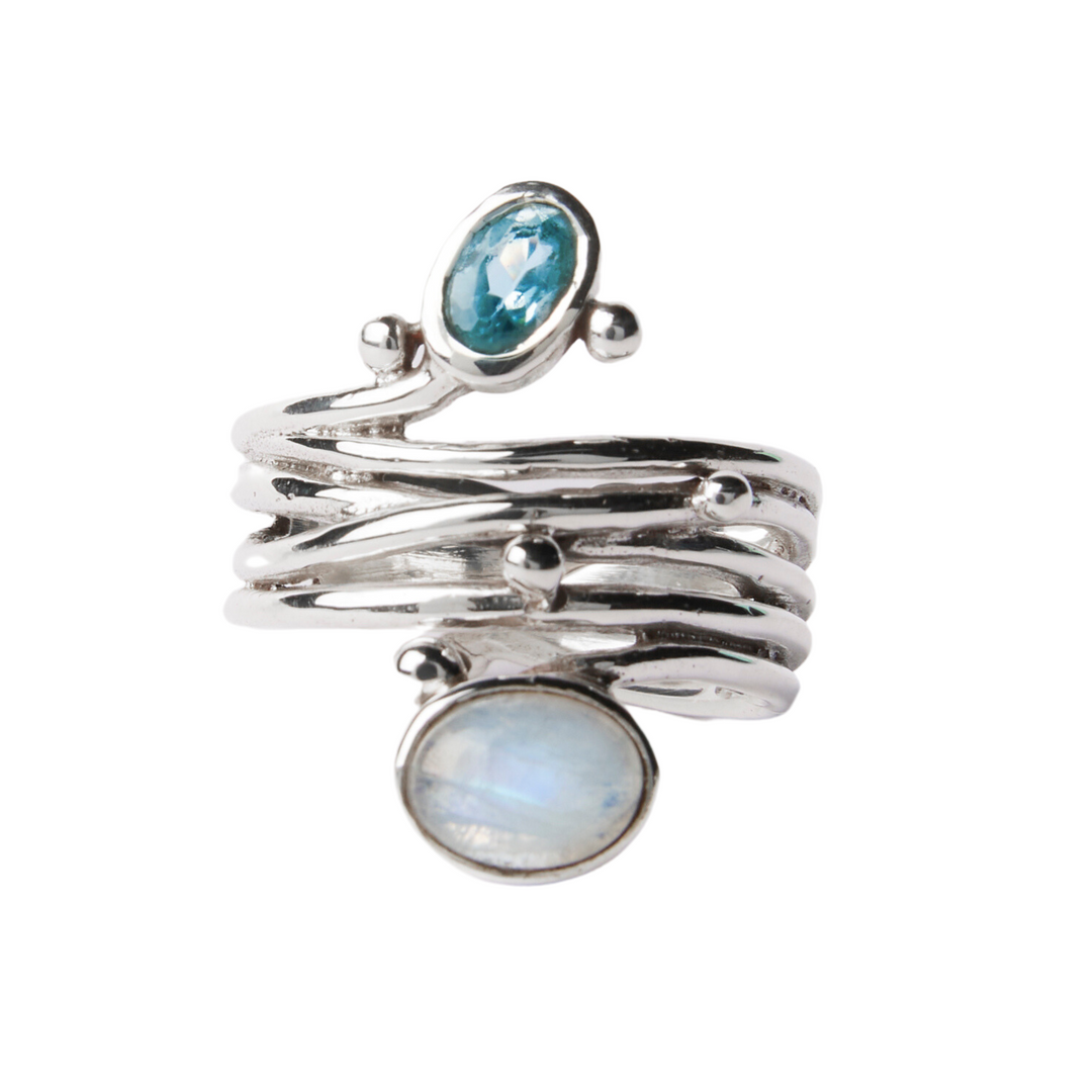 Snake ring adjustable blue topaz moonstone-Gallardo & Blaine Designs