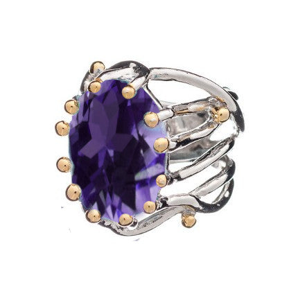 The *Willow Ring in various gemstones* by *Gallardo & Blaine Designs* is a silver adjustable ring featuring an ornate, intricate band design, adorned with a large, oval-shaped faceted purple gemstone as the centerpiece. The setting includes golden prongs and accents, enhancing the overall elegant appearance of this chunky statement gemstone ring.