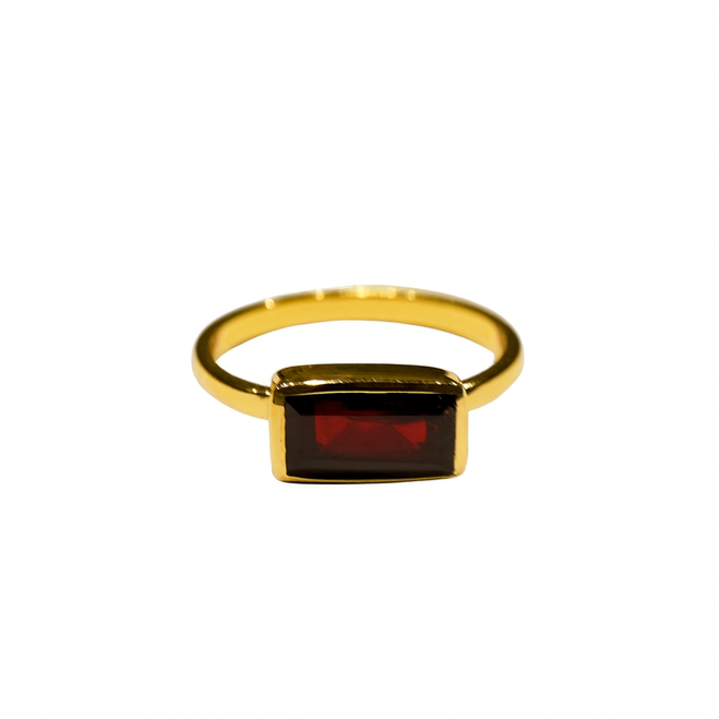 The Watermelon tropical Garnet Rectangular Gold Ring features a gold-plated sterling silver band with a horizontal bezel-set garnet, shown on a white background.