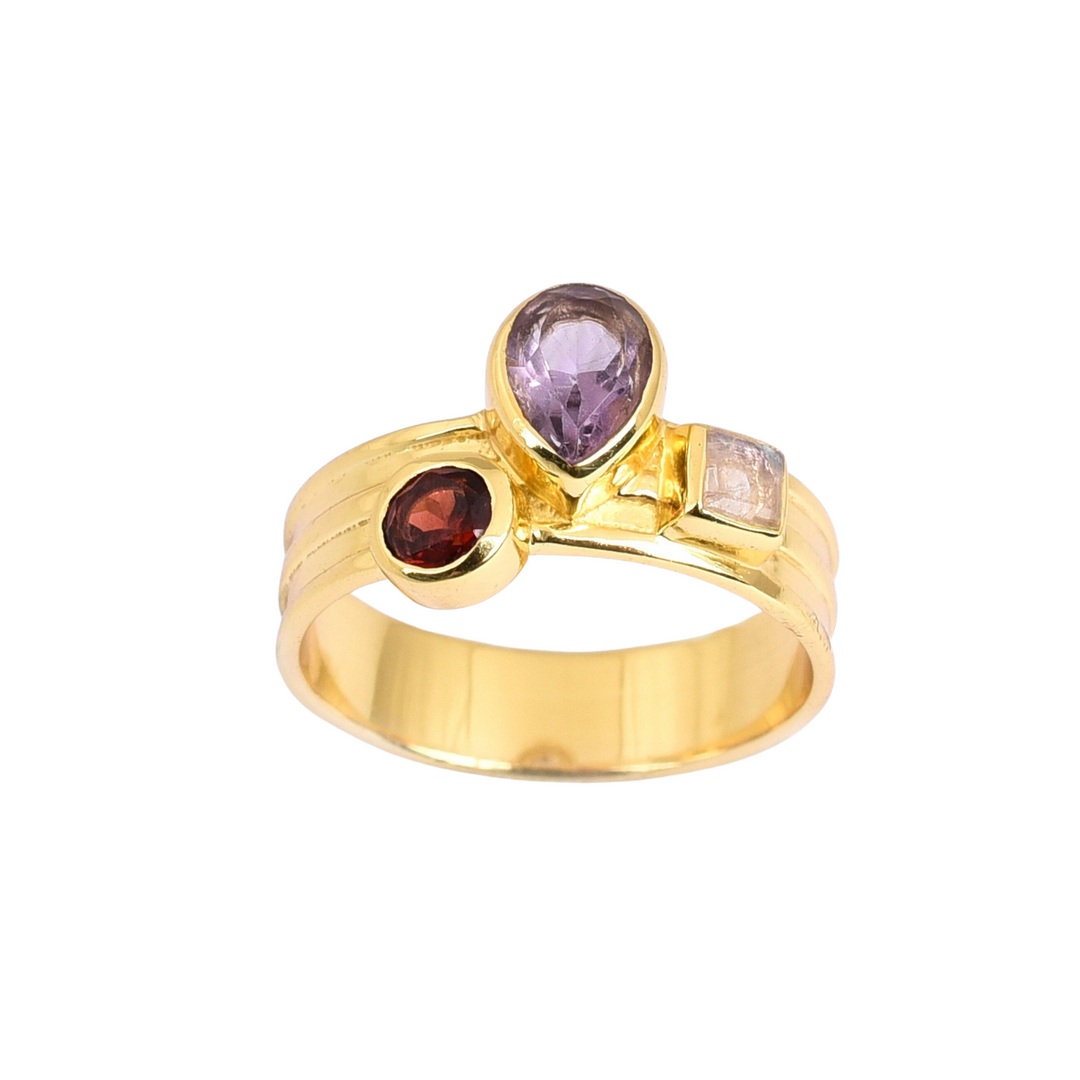 Garnet, Amethyst & Rainbow Moonstone Gold Ring