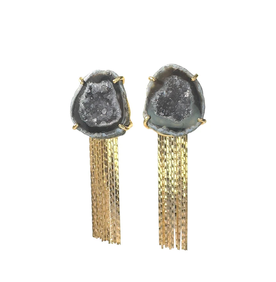 Aria V’s Black Geode Tassel Earrings feature irregular gray stones set in gold with multiple gold chain tassels—unique handmade earrings loved in Ireland.