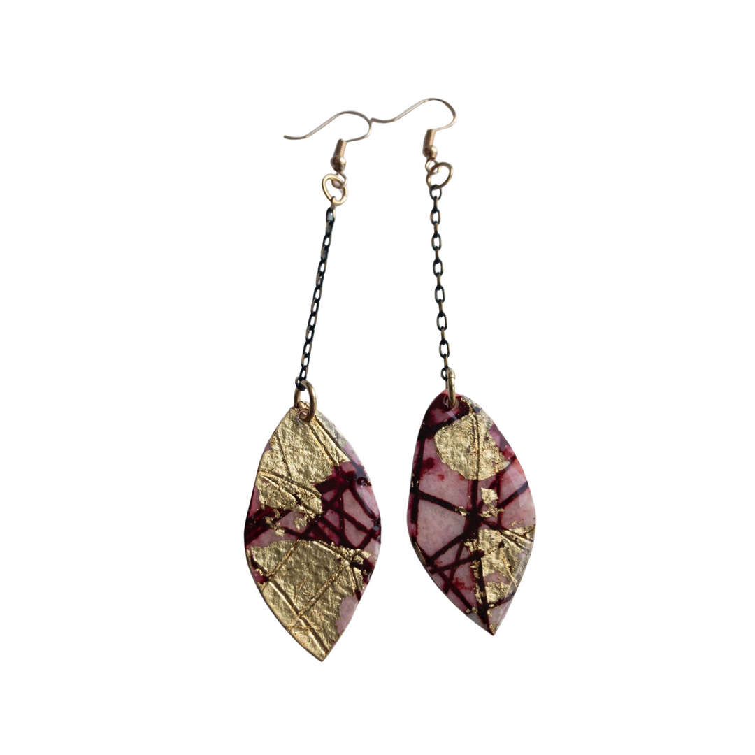 Gile Abstract Leaf Batik Textile Earrings in Red/Gold