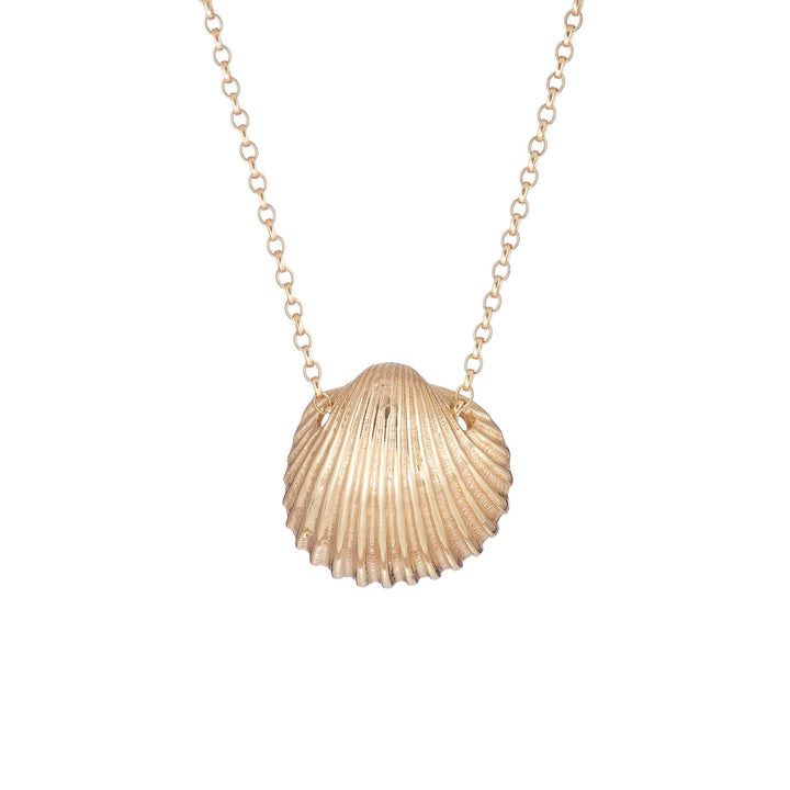 A large Cockle Shell Necklace by Jennifer Kinnear, available in silver or gold, featuring a delicate seashell pendant.