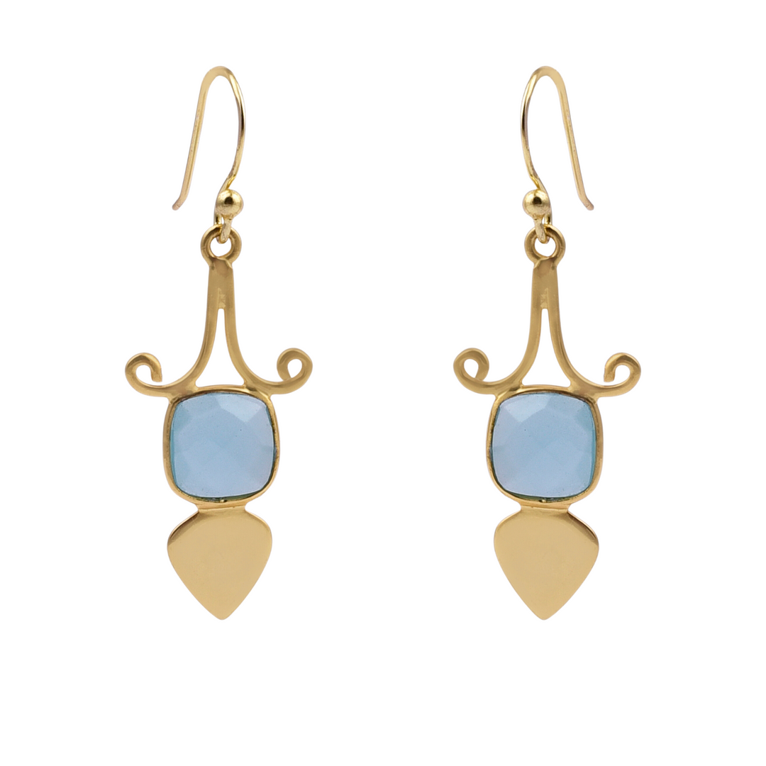 Gold Shield Aqua Chalcedony Earrings