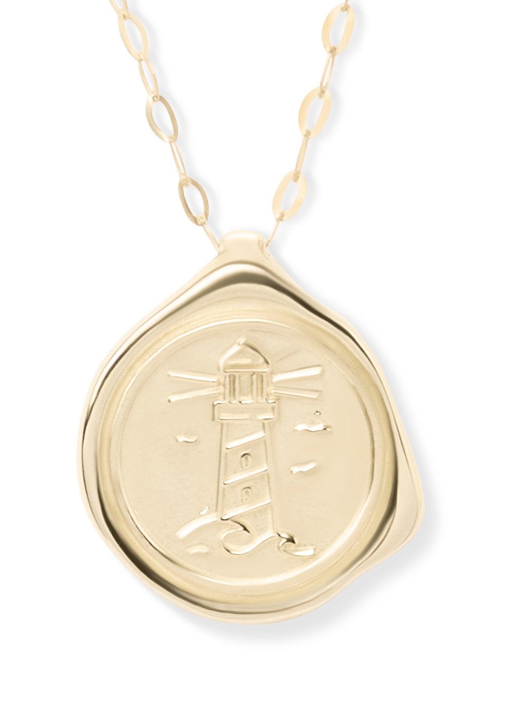 The 9ct Gold My Guiding Light Pendant by Ava Jane Jewellery features a round, irregular-edged gold design with embossed waves and birds, hanging from an elegant chain—a handcrafted piece inspired by Dublin.