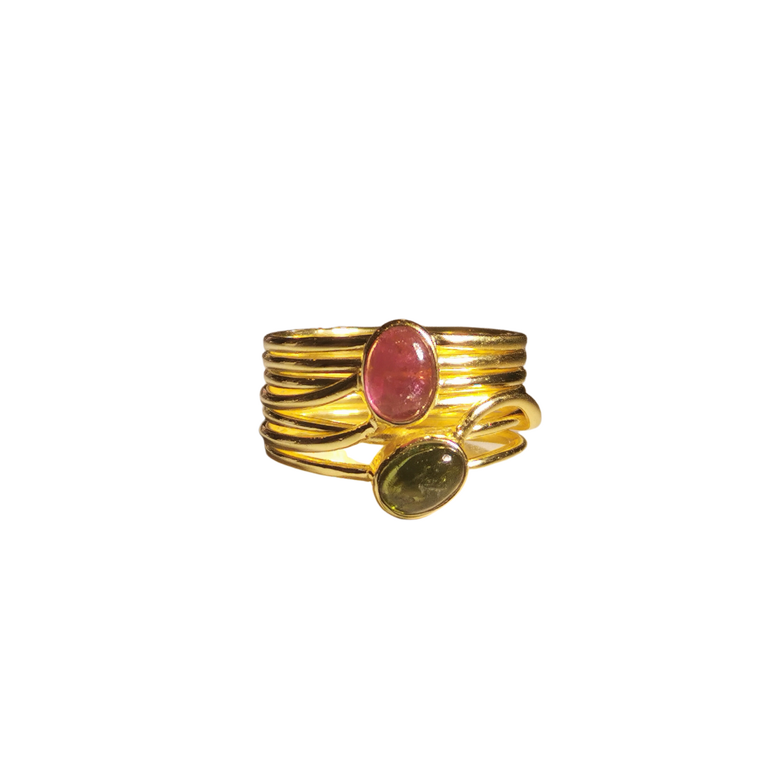 Green and Pink Tourmaline in a  Multi Band Gold Ring