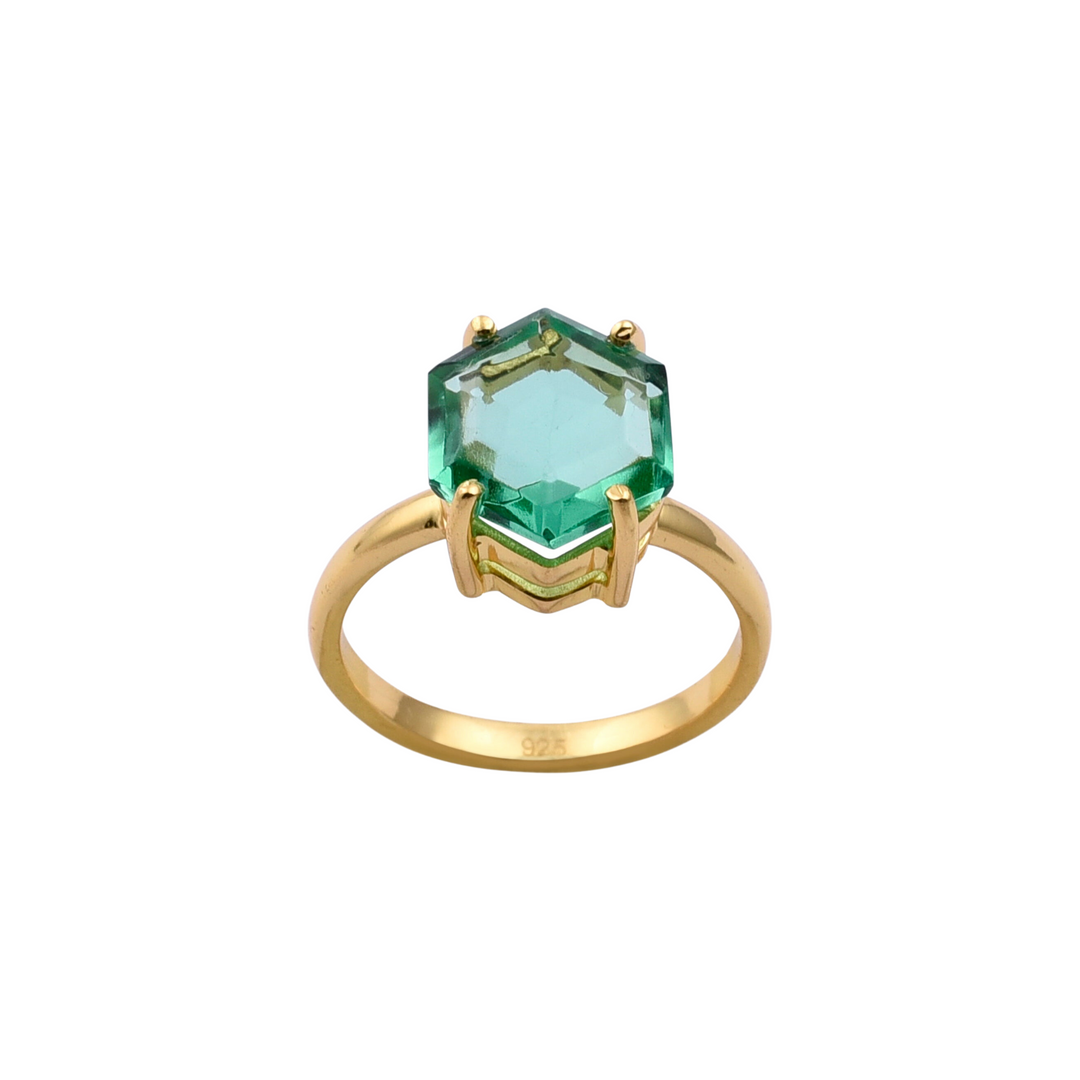 Green Quartz Hexagonal Gold Plate Ring