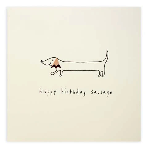 A minimalist drawing by Ruth Jackson features a long dachshund dog on a plain background. The text below the dog reads, "happy birthday sausage." The card is blank inside and comes cello wrapped, perfect for any dachshund lover’s special day. This 'Happy Birthday' Sausage Dog card by Card Boutique is ideal for celebrating with style.