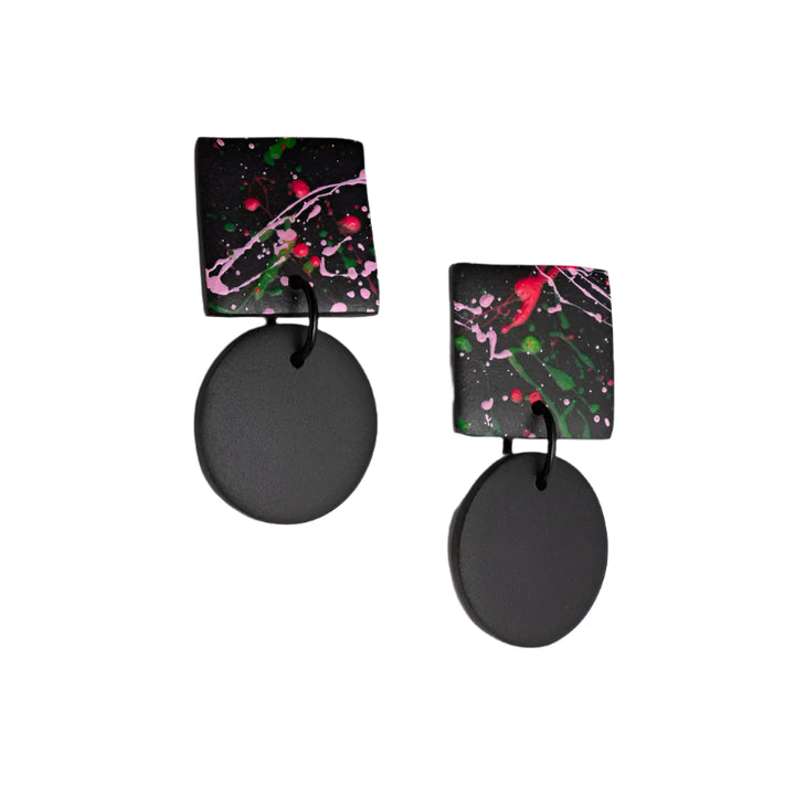 Hiro black splash earrings. A square black splashed stud with a black disc drop
