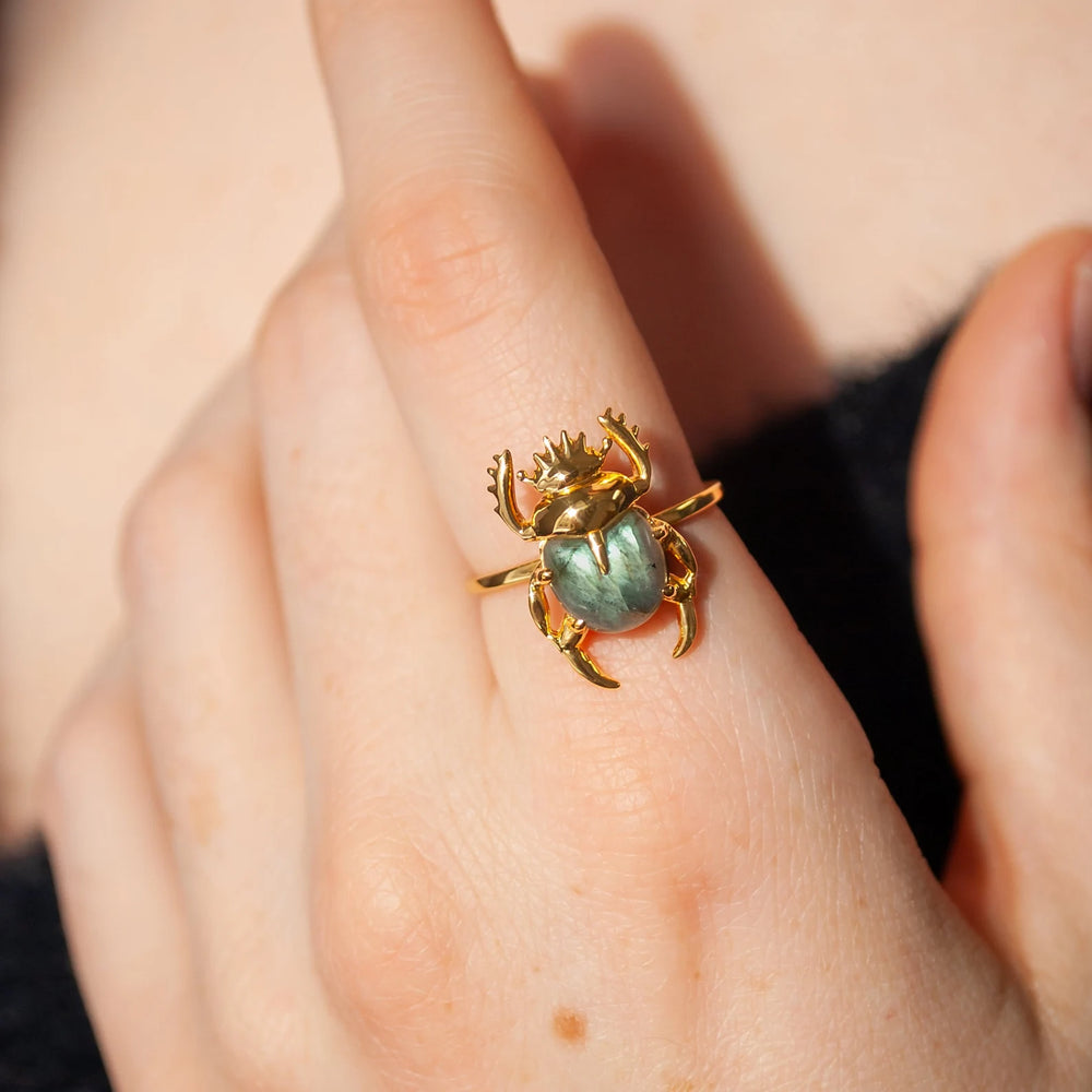 scarab ring labradorite on hand
