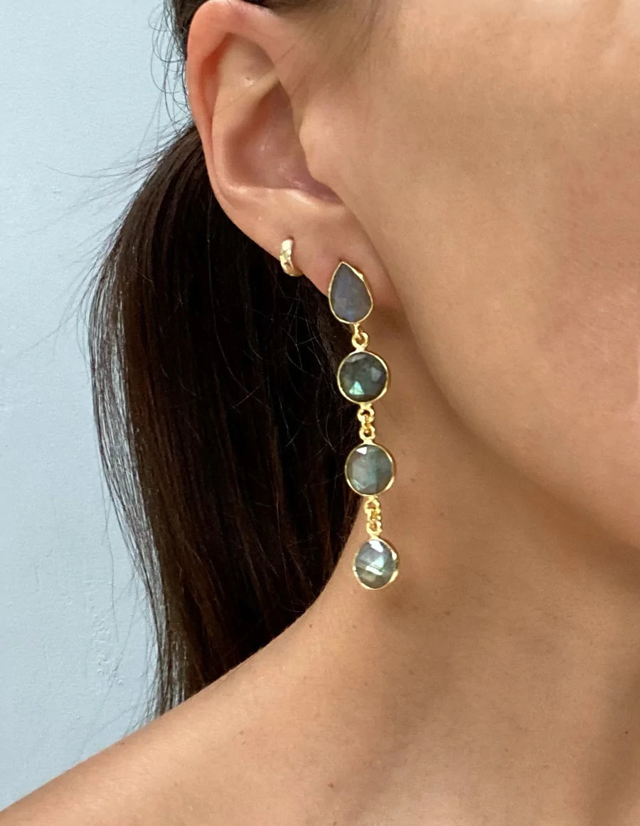 Close-up of a person wearing Chloe Earrings by Aria V, featuring a series of four gold-framed, irregularly shaped labradorite stones, transitioning in color from dark gray at the top to translucent at the bottom. The handcrafted jewelry, made with gold plated brass, is prominently displayed against their ear and neck.