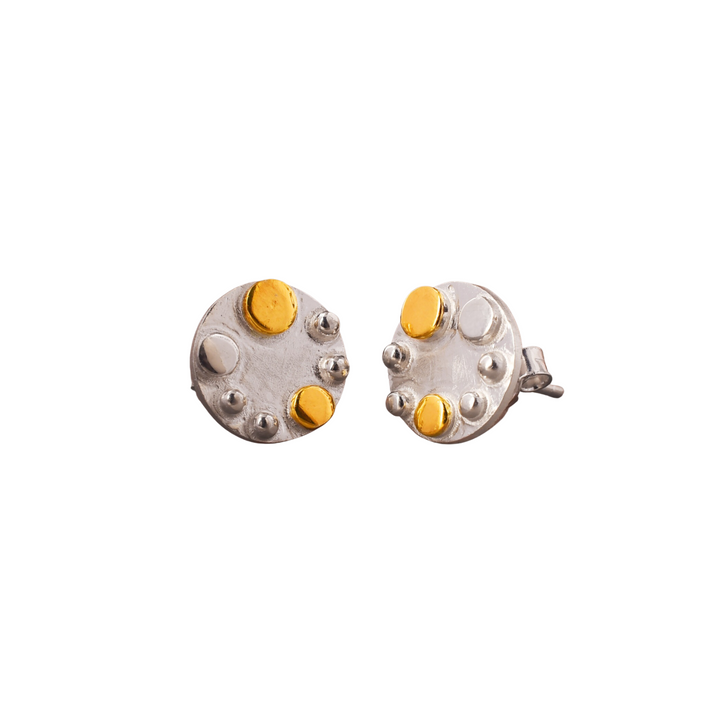 A pair of The Collective Dublin Iona Silver & Gold Stud earrings featuring a design with small yellow and white circle accents. Made from 925 Sterling silver with a gold plate, the earrings have a modern, minimalist aesthetic with an unevenly dotted pattern.