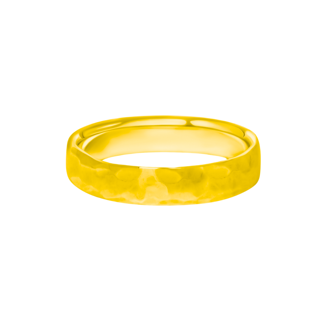 The Collective Dublin’s 5mm Pebble Hammer Texture Matte Finish Ring in yellow gold, handmade and presented on a white background.