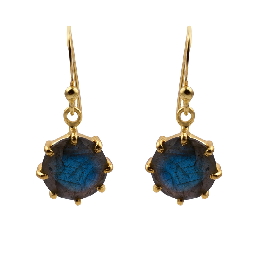 A pair of Watermelon tropical Labradorite Gold Dangles featuring round, dark blue labradorite gemstones with a cracked appearance set in a claw-style setting. Each earring has a simple gold hook with a small, round gold connector attaching the gemstone. The background is plain white.