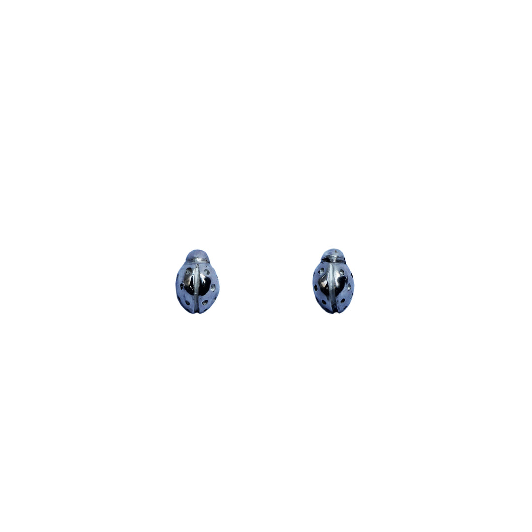 Kate Murphy Ladybug Silver Stud Earrings, inspired by Galway charm and featuring black spots, are crafted in sterling silver and shown on a plain white background.