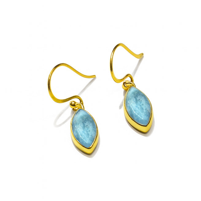 Watermelon tropical’s Larimar Tear Drop Earrings feature marquise-shaped Larimar gemstones set in gold-plated sterling silver hooks, showcased on a white background.