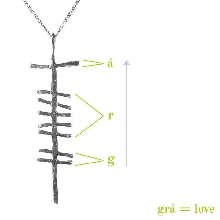 A Love (Grá) Large Rustic Pendant Silver by Ogham Treasure is displayed with labels pointing to different parts of it. The letters "á," "r," and "g" correspond to specific segments. "Grá = love" is written in the bottom right, indicating the meaning of the Ogham writing symbol.