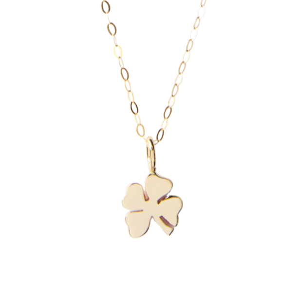 Introducing the Lucky Four Leaf Clover Pendant by Cosmic Boulevard, a delicate necklace made from 9ct yellow gold or sterling silver. This exquisite piece features a thin chain with small, oval links and a polished clover pendant shaped like a four-leaf clover. Handmade in a Dublin studio, this simple and elegant design is the perfect accessory for any occasion.