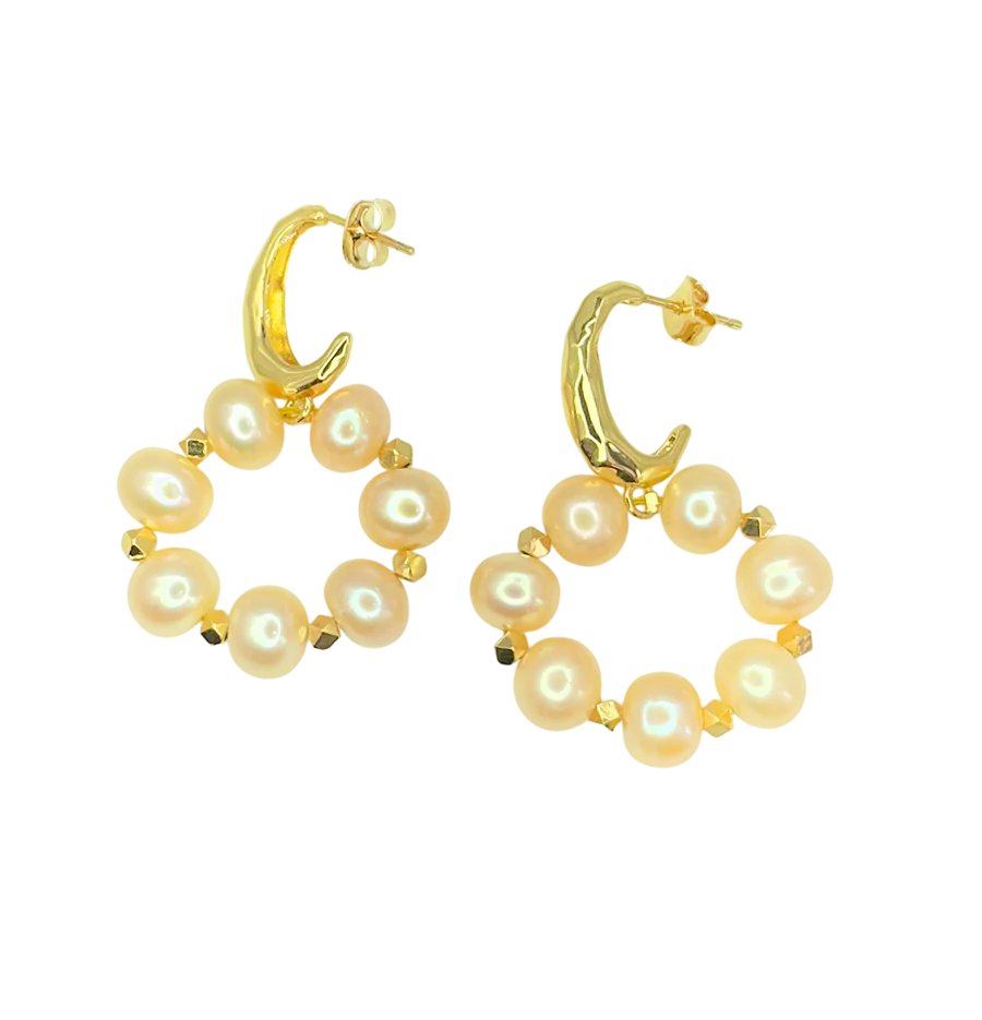 Lunaire Earrings by Aria V feature gold hoops with circular white pearls and small gold beads, handmade in Ireland and shown on a plain white background.