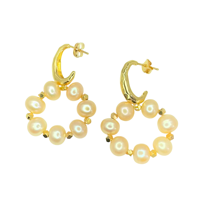 Lunaire Earrings by Aria V feature gold hoops with circular white pearls and small gold beads, handmade in Ireland and shown on a plain white background.